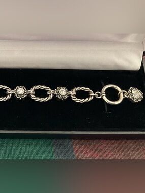 Things Remembered Floral Bracelet Pavé Stones & Rope-Textured Links. Silver Tone
